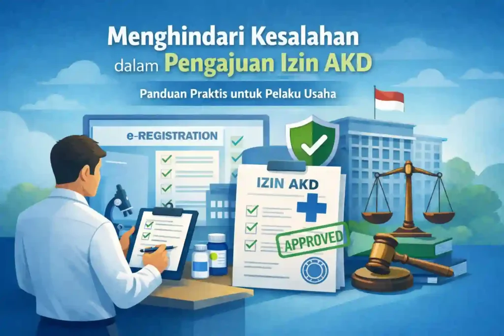 Ilustrasi proses pengajuan izin AKD alat kesehatan dengan checklist dokumen dan persetujuan resmi di Indonesia”
