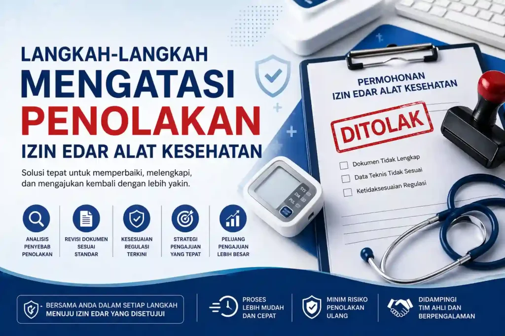 Ilustrasi proses mengatasi penolakan izin edar alat kesehatan dengan dokumen pengajuan, stempel ditolak, dan alat medis